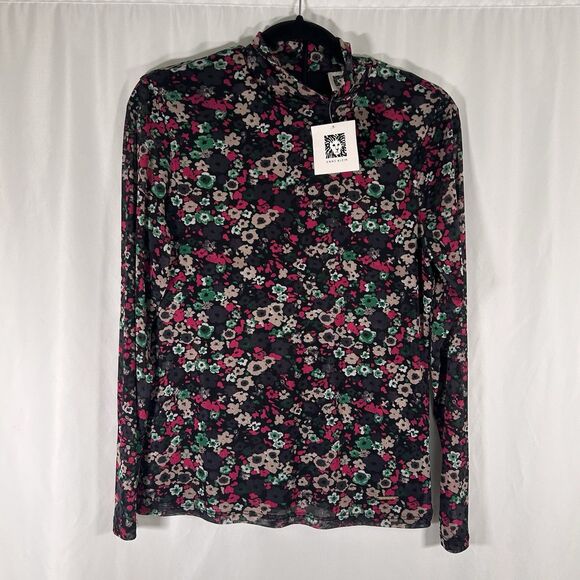 New Anne Klein Blouse Women's Small Black Floral Sheer Sleeve Zip Back - Picture 1 of 10